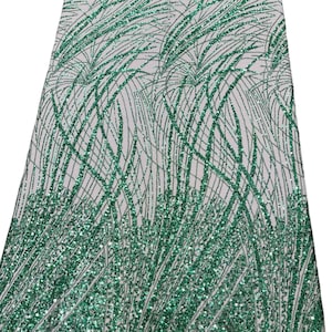 Hunter Green Fashion Design Beads and Sequins, Beaded Fabric Embroidered on a Mesh Lace,Wedding,Bridal,Dress Sold By The Yard