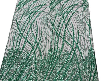 Hunter Green Fashion Design Beads and Sequins, Beaded Fabric Embroidered on a Mesh Lace,Wedding,Bridal,Dress Sold By The Yard