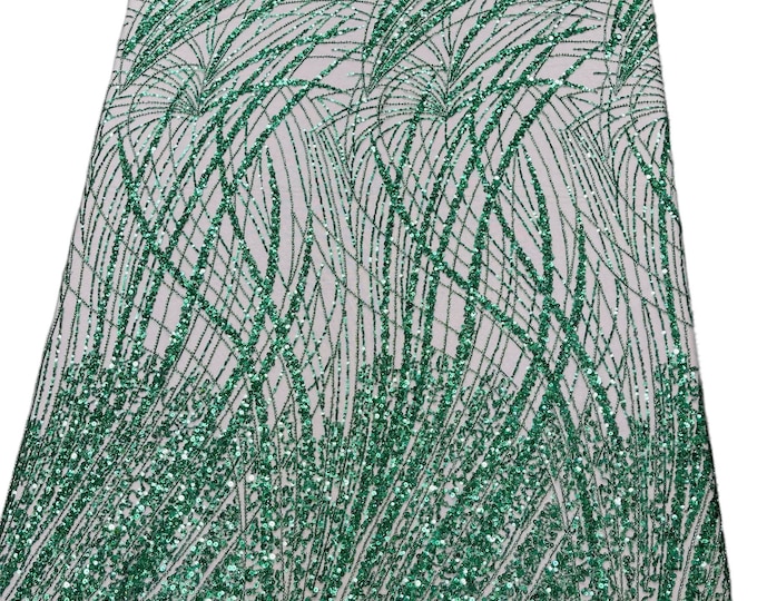 Hunter Green Fashion Design Beads and Sequins, Beaded Fabric Embroidered on a Mesh Lace,Wedding,Bridal,Dress Sold By The Yard
