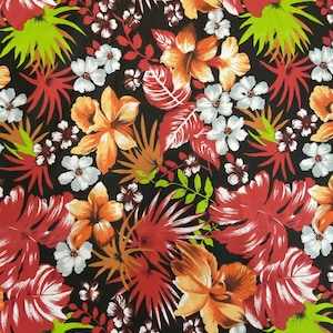 Mia&#39;s Fabrics Inc, Red/Black Hawaiian Print Tropical Poly Cotton Fabric Floral 60&quot; By Yard (Pick a Size)