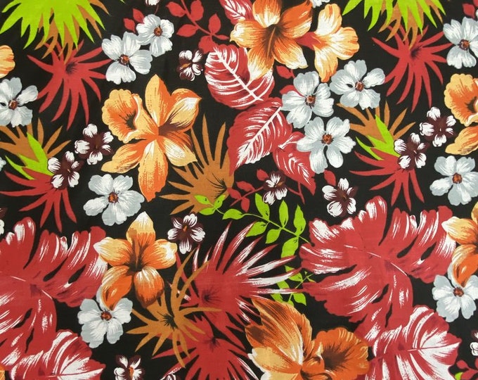 Mia's Fabrics Inc, Red/Black Hawaiian Print Tropical Poly Cotton Fabric Floral 60" By Yard (Pick a Size)