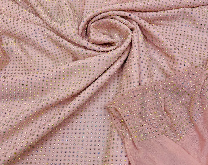 Iridescent Rhinestones Fabric On Blush Nylon Spandex Power Mesh With Crystal Stones, AB Rhinestones sold by the yard