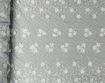 White 3D Floral Lace Fabric with Pearls: Bridal Wedding Dress Material