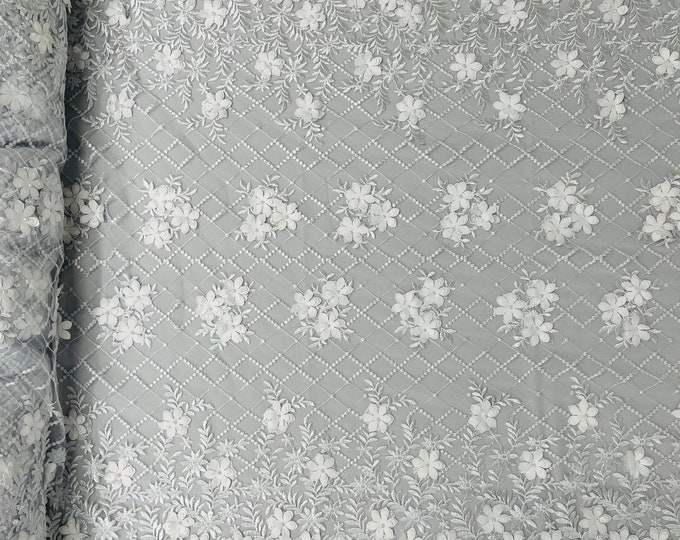 Mia Fabrics Inc, White 3D Floral-Flower With Pearl, 3D Floral-Flower Bridal Wedding Lace Fabric by the Yard (Pick a Size)
