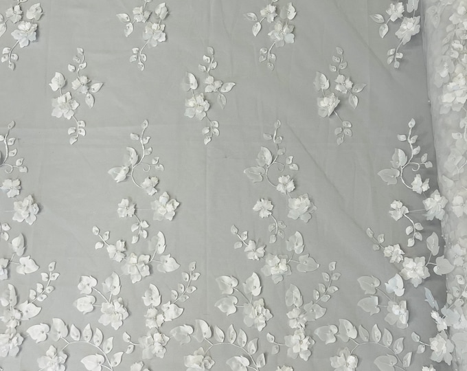 White 3D Floral Design Embroider and Beaded With Pearls On a Mesh Lace-Prom-Dress By The Yard