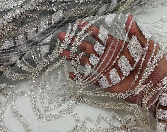 Beaded Wedding Fabric: Silver Embroidered Bridal Lace, Sold By The Yard