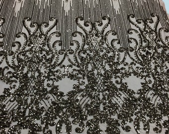 Dusty Rose Sequin Lace Fabric: Damask Embroidered Mesh, Prom Gown Fabric