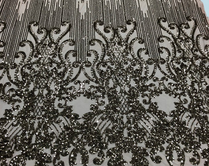 Dusty Rose Sequins Lace Fabric On Mesh Damask Design Embroidered On 4 way Stretch Sequin By The Yard -Prom-Gown ( Choose The Size )
