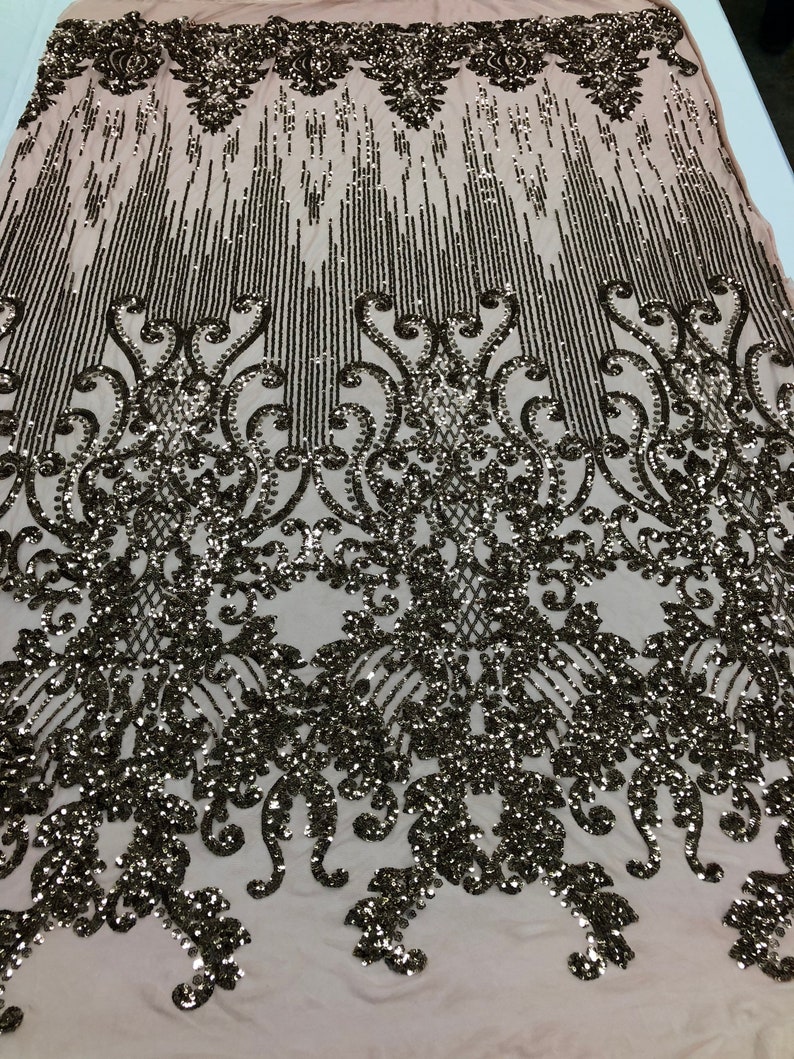 Dusty Rose Sequins Lace Fabric On Mesh Damask Design Embroidered On 4 way Stretch Sequin By The Yard Choose The Size Prom-Gown