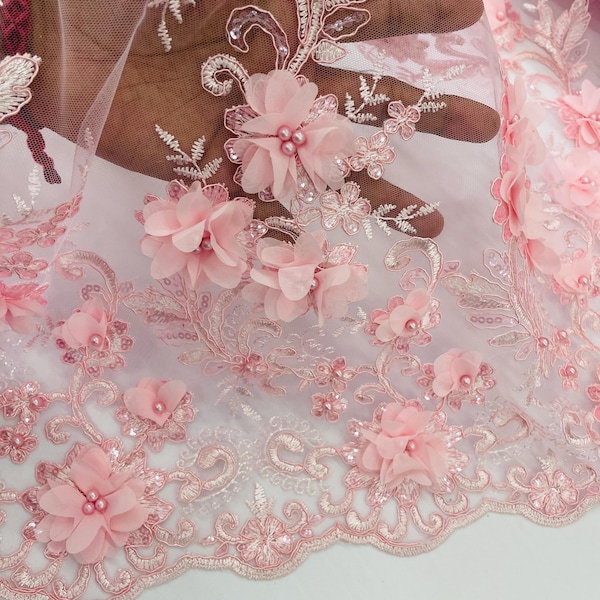 Pink 3D Chiffon Flower Beaded Lace Fabric, Bridal Wedding Dress, Sold By The Yard