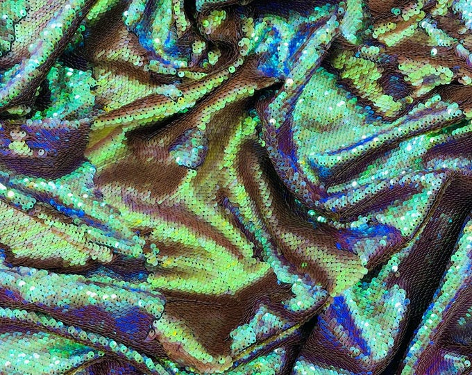 Iridescent Green Matte Sequins Fabric: 2-Way Stretch Flip-Up Reversible Sequin