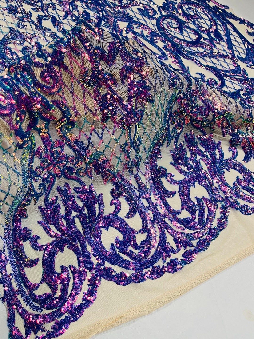 Antique Fashion Damask Lace On Mesh Fabric With Pearls By The Yard Used For -Dress-Bridal-Fashion-Apparel [Pink]
