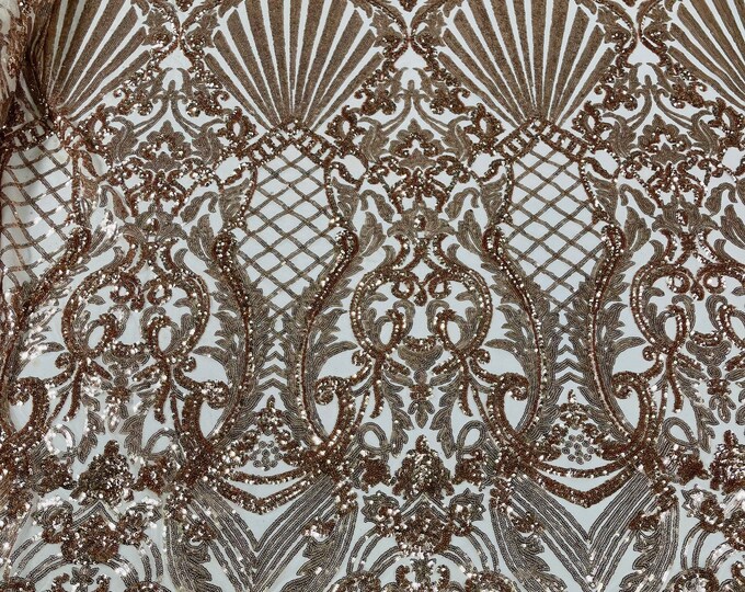 Rose Gold Sequin Damask Selena Design on a 4 Way Stretch Sequin Lace Mesh - Prom Gala Gown Fabric By Yard