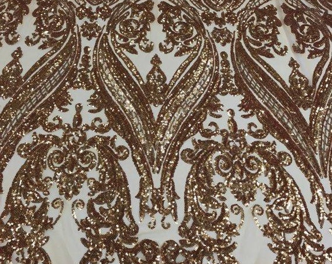 Gold Sequin Damask Design - 4 Way Stretch Sequin Fabric Spandex Mesh-Prom-Gown By The Yard