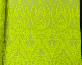 Neon Yellow Sequin - 4 Way Stretch Fancy Big Damask Design Sequins on Spandex Mesh Prom Gala Gown Fabric By The Yard