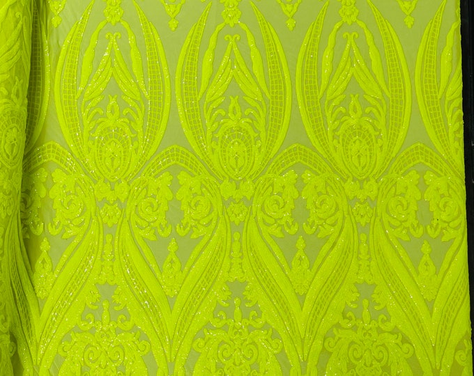 Neon Yellow Sequin - 4 Way Stretch Fancy Big Damask Design Sequins on Spandex Mesh Prom Gala Gown Fabric By The Yard