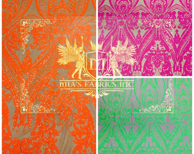 Mia's Fabrics Inc Iridescent Sequin Fabric, Embroidered With Sequins On 4 Way Stretch Mesh, Damask Design Sequin Lace Fabric (Pick a Size)