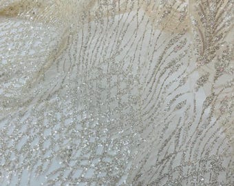 Nude Mesh Clear Beaded Fabric by yard, Bridal Heavy beaded, Damask Pattern With Beads and Sequin, Appliqué lace for bridals,weddings,prom