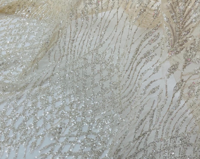 Nude Mesh Clear Beaded Fabric by yard, Bridal Heavy beaded, Damask Pattern With Beads and Sequin, Appliqué lace for bridals,weddings,prom