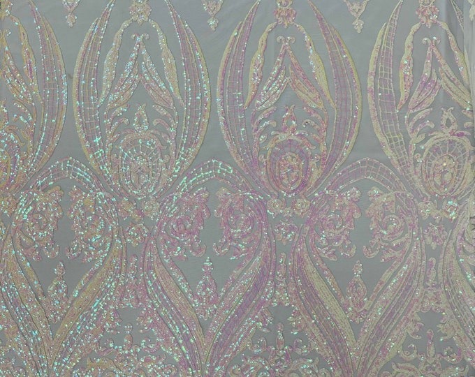 White/Pink Iridescent Sequin - 4 Way Stretch Fancy Big Damask Design Sequins on Spandex Mesh Prom Gala Gown Fabric By The Yard