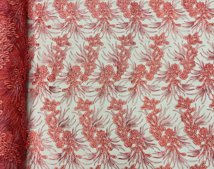 Metallic Mauve Corded Floral Lace Fabric, by the yard - Embroidery With Sequins on a Mesh Lace Fabric For Gown, Wedding-Bridal