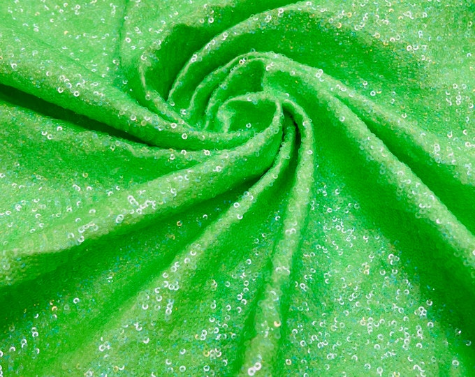 Lime Green Holographic Mini Glitz Sequins by the yard on Spandex Fabric | 4 Way Stretch | Iridescent Mini Glitz Sequin Fabric