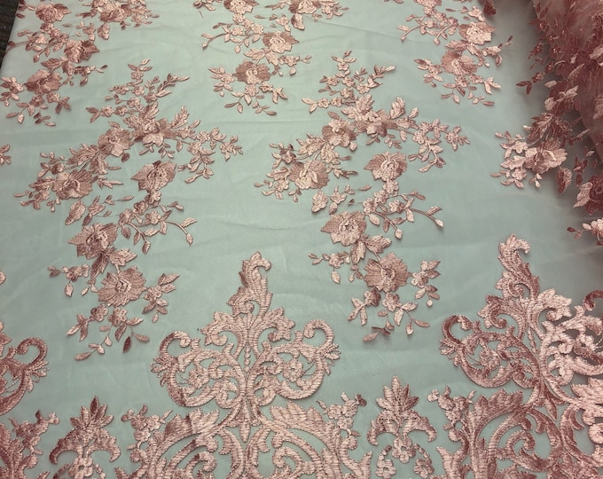Candy Pink Damask Design Embroidered on Mesh Lace Fabric, Floral Bridal Lace Wedding Dress by the Yard (Pick a Size)