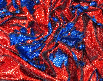 Red/Royal Blue Sequins Fabric: 2-Way Stretch Flip-Up Reversible Sequin