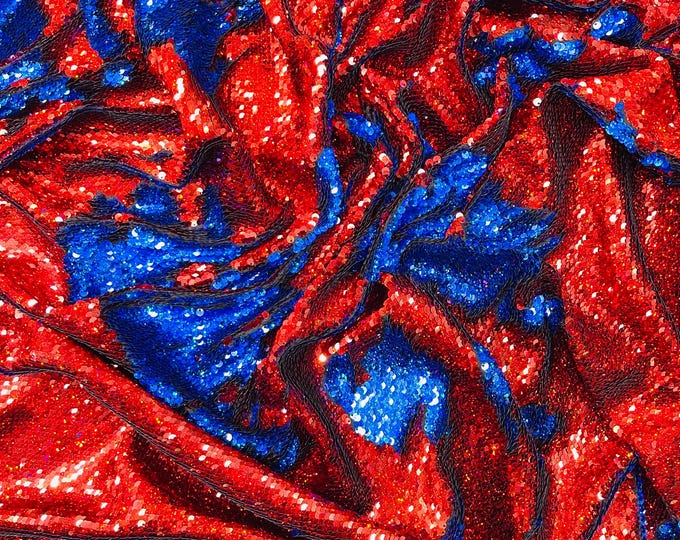 Red/Royal Blue Hologram Sequins Fabric: 2-Way Stretch Flip-Up Reversible Sequin