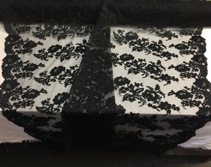 Black Flower Design Embroidered on Mesh Lace Fabric, Floral Bridal Lace Wedding Dress by the Yard (Pick a Size)