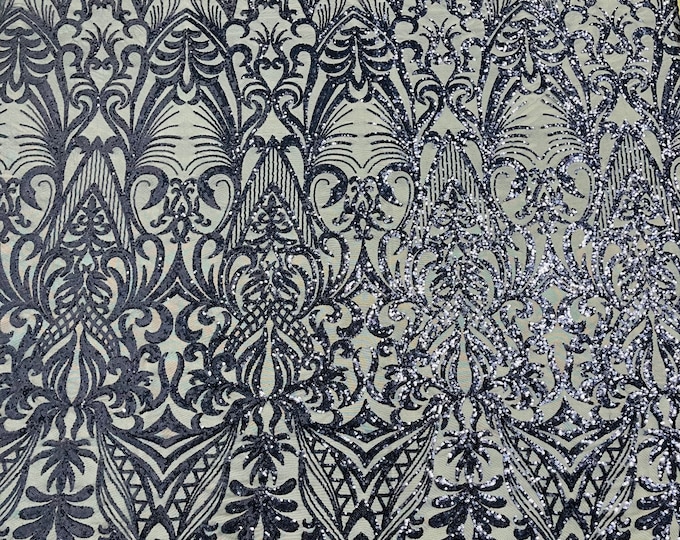 Navy Blue Sequin Fabric - by the yard - Damask Design on a 4 Way Stretch Shine Sequins Fabric Mesh-Prom-Gown