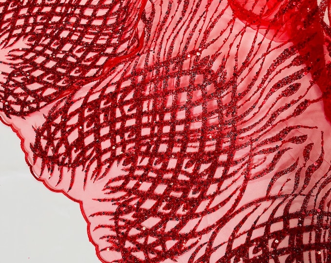 Red Beaded Fabric by the yard, Bridal Heavy beaded, Damask Pattern With Beads and Sequin, Appliqué lace for bridals,weddings,prom dress.