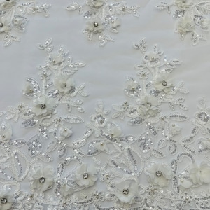 Off White 3D Floral Design Embroidery With Rhinestones on a Mesh by the yard | Beaded 3D Flower With Sequins Dresses-Apparel-Fashion-Prom