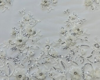 Off White 3D Floral Embroidery Lace Fabric With Rhinestones & Sequins