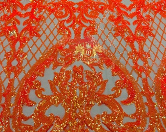 Orange Iridescent Sequins Fabric | Nude 4 Way Stretch Mesh | Embroidered Damask Design With Iridescent Sequin Lace Prom-Gown by the yard