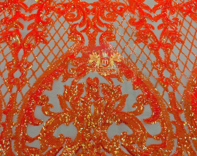 Orange Iridescent Sequins Fabric | Nude 4 Way Stretch Mesh | Embroidered Damask Design With Iridescent Sequin Lace Prom-Gown by the yard
