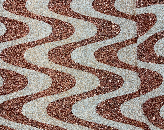 Stretch Velvet Sequins - Rose Gold / White Sequin on Stretch Velvet Fabric - Wavy Line Design with 5mm Sequins By Yard