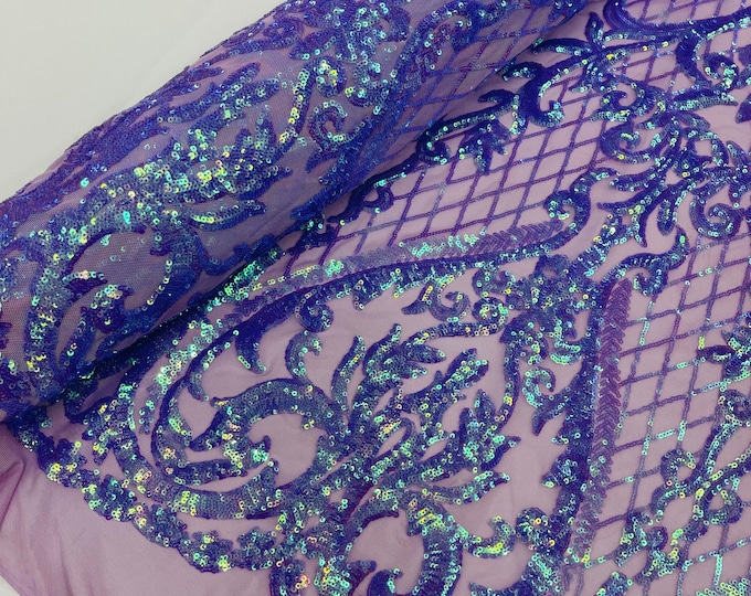 Lavender Iridescent Sequin Fabric | 4 Way Stretch Mesh | Embroidered Damask Design With Sequins Lace Prom-Gown by the yard
