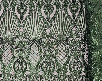 Hunter Green Sequin Fabric, Selena Damask Design on a 4 Way Stretch Sequin Lace Mesh - Prom Gala Gown Fabric By Yard