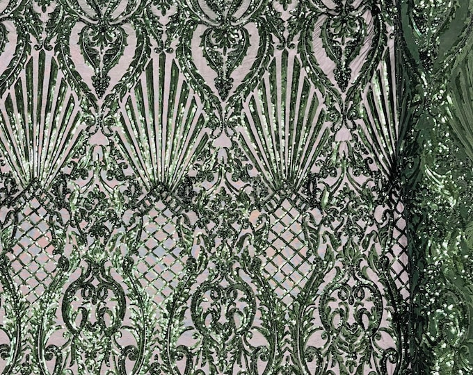 Hunter Green Sequin Fabric, Selena Damask Design on a 4 Way Stretch Sequin Lace Mesh - Prom Gala Gown Fabric By Yard
