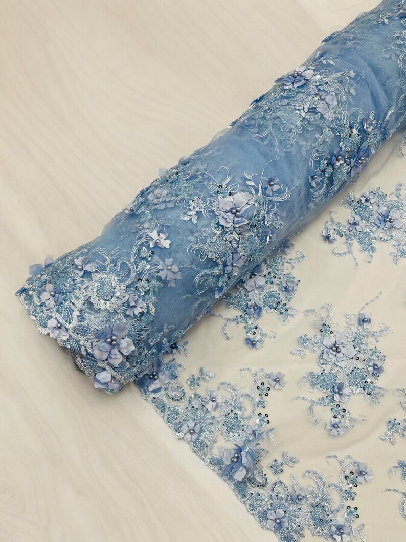 Baby Blue 3D Floral Beaded Embroidery Lace Fabric - Etsy