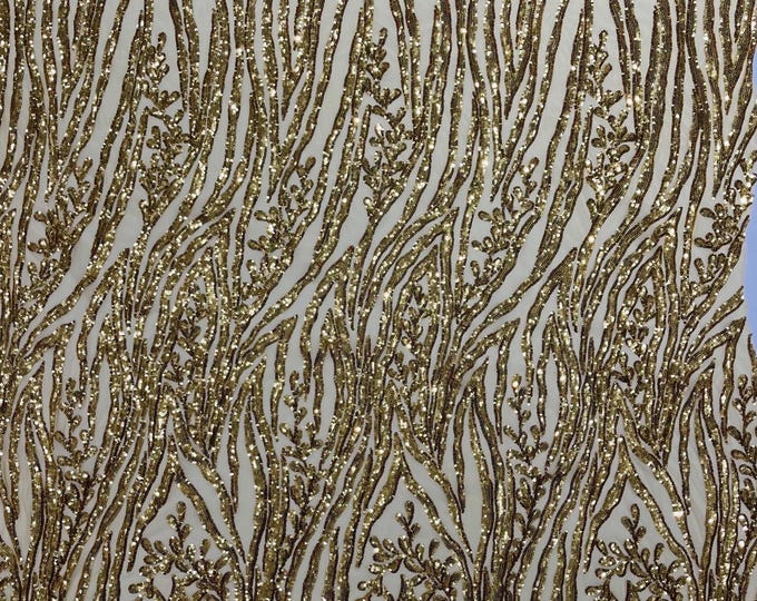 Gold Sequin Fabric 4 Way Stretch Fashion Design Sequins on Spandex Mesh Prom Gala Gown Fabric By The Yard