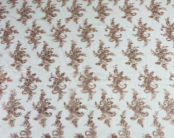 Blush Floral Lace Fabric, by the yard Embroidery With Sequins on a Mesh Lace Fabric For Wedding-Bridal