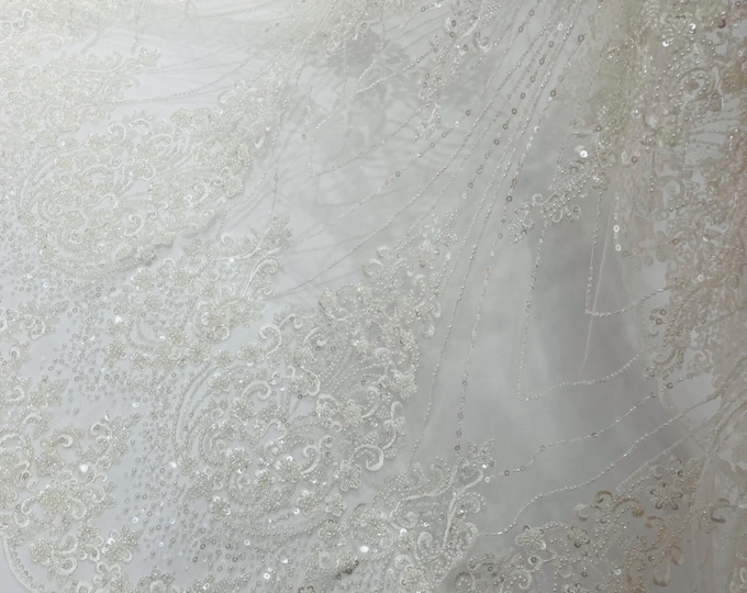 Ivory Beaded Fabric By The Yard, Luxury Geometric Design Beads and Sequins, Beaded Fabric Embroidered on a Mesh Lace,Wedding,Bridal,Dress