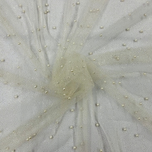 Ivory Pearl Glitter Mesh Fabric, 2way Stretch Scattered Pearls Studded with glitter Mesh, sold by the yard (Pick a Size)