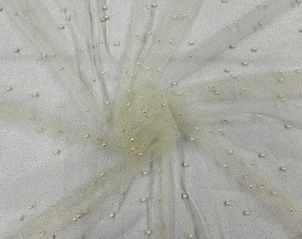 Ivory Pearl Glitter Mesh Fabric, 2way Stretch Scattered Pearls Studded with glitter Mesh, sold by the yard (Pick a Size)