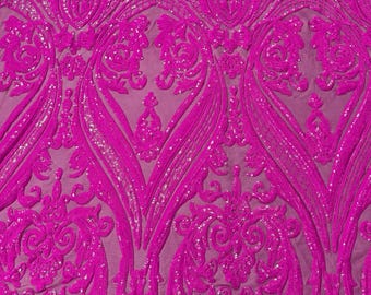 Magenta Iridescent Sequin Fabric - 4 Way Stretch Fancy Big Damask Design Sequins on Spandex Mesh Prom Gala Gown Fabric By The Yard
