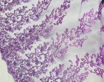 Lilac Hologram Sequin Butterfly Lace Fabric: Metallic Corded Embroidery with Sequins