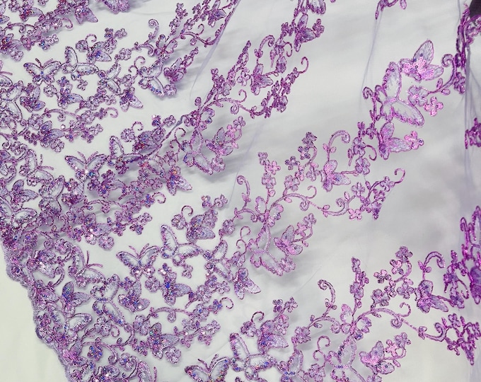Lilac Hologram Sequin Butterfly Lace Fabric: Metallic Corded Embroidery with Sequins