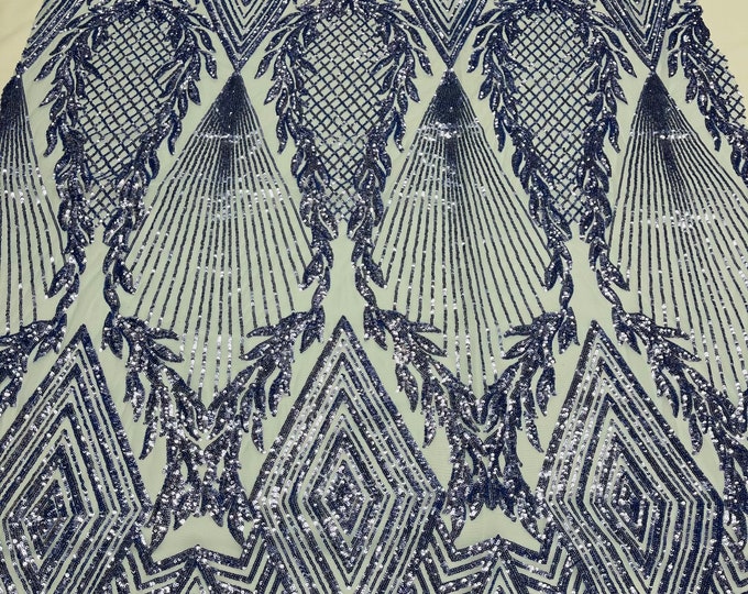 Blue Sequins on Lt Baby Blue Mesh  - 4 Way Stretch Geometric Diamond Design on Mesh Fabric for Prom Gala Gown By The Yard